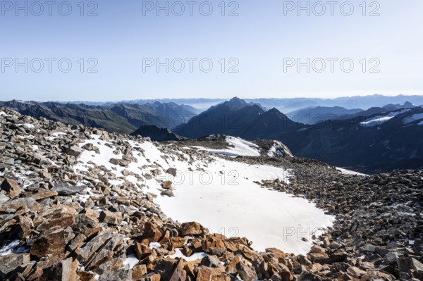 Mountain landscape with snow and mountain panorama, view towards Gschnitztal and Stubai Valley, at the mountain peak Wilder Freiger, Stubai Alps, South Tyrol, Italy