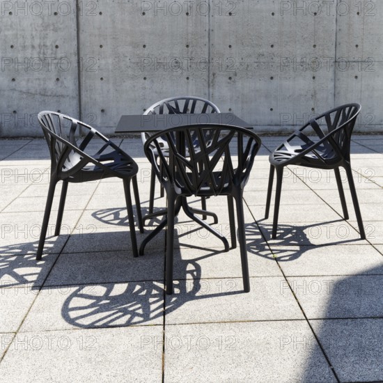 Seating area in the inner courtyard, black table and four plastic chairs, design, conference pavilion, conference building, Vitra Campus, Vitra Design Museum, Weil am Rhein, Baden-WÃ¼rttemberg, Germany
