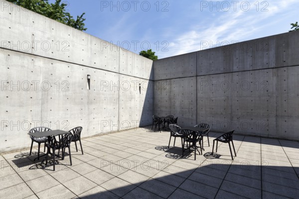 Conference pavilion, conference building, inner courtyard with seating areas, exposed concrete, architect Tadao Ando, modern architecture, Vitra Campus, Vitra Design Museum, Weil am Rhein, Baden-WÃ¼rttemberg, Germany