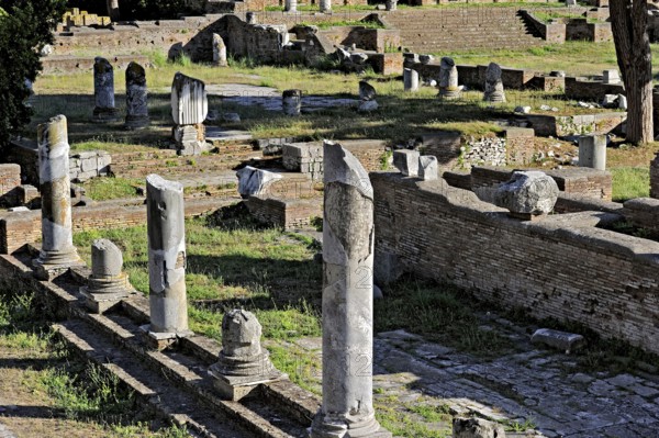 Remains of columns, foundation walls, streets, ruins of the forum in the archaeological site of Ostia Antica Archaeological Park, Metropolitan City of Rome, Lazio, Italy