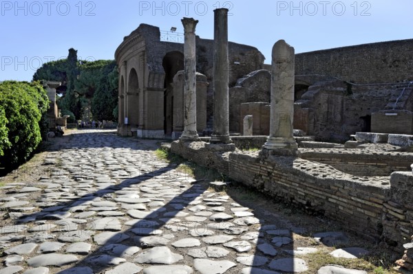 Ancient pavement of the main street Decumano Massimo, Roman theatre, columns, remains, ruins, ancient port city of Rome, excavation site Archaeological Park Ostia Antica, metropolitan city of Rome, Lazio, Italy