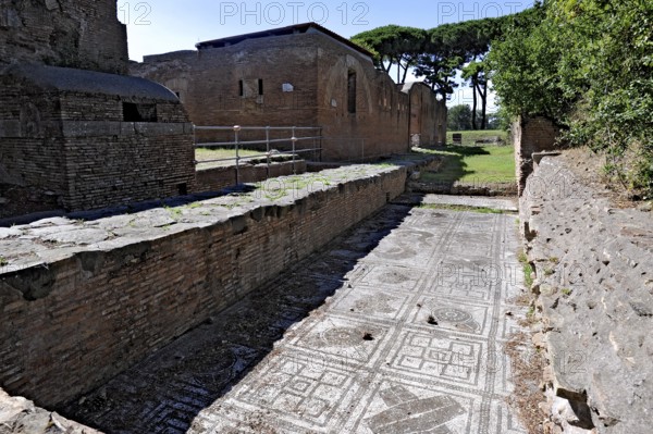 Ruins with mosaics on the floor of the Terme delle Province, thermal baths, Roman bathhouse, ancient port city of Rome, excavation site Archaeological Park Ostia Antica, metropolitan city of Rome, Lazio, Italy