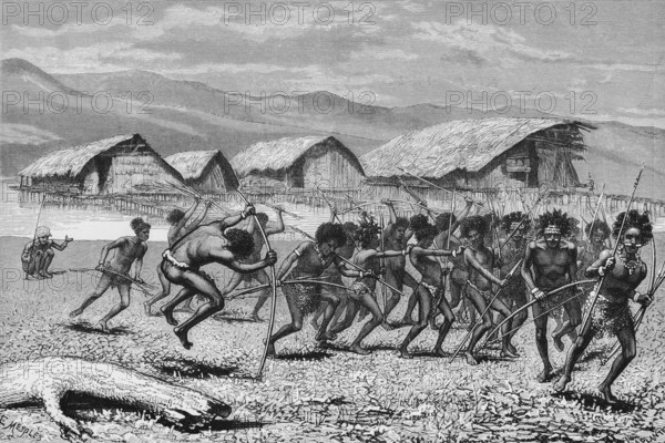 Papua village, group of natives, weapons, bow and arrow, warriors, pile dwellings, wooden houses by the lake, natural roof, mountain landscape, New Guinea, historical illustration 1888