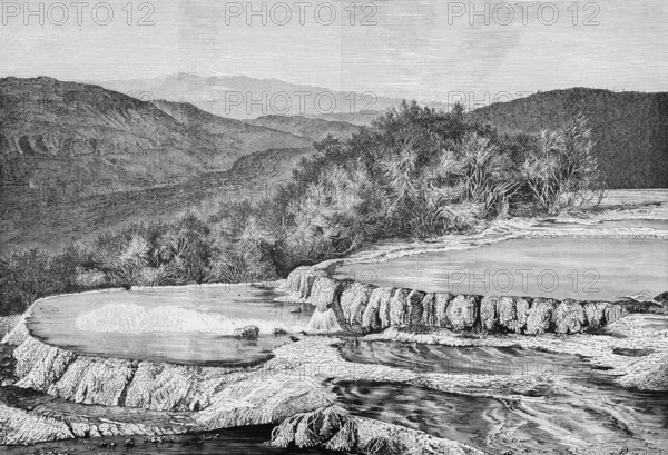 Hot Springs of Rotomahana, Terraces Formation, TaupÅ Volcanic Zone, Mountain Landscape, North Island, New Zealand, historical illustration 1888