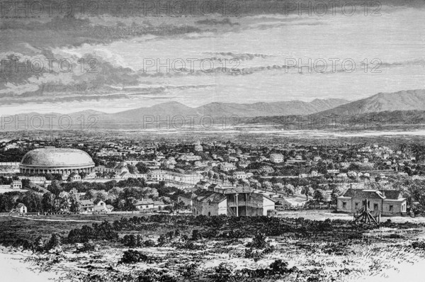 Salt Lake City, 19th century cityscape, salt lake, mountain landscape, The Tabernacle or Mormon Tabernacle with round roof, Utah, North America, historical illustration 1888