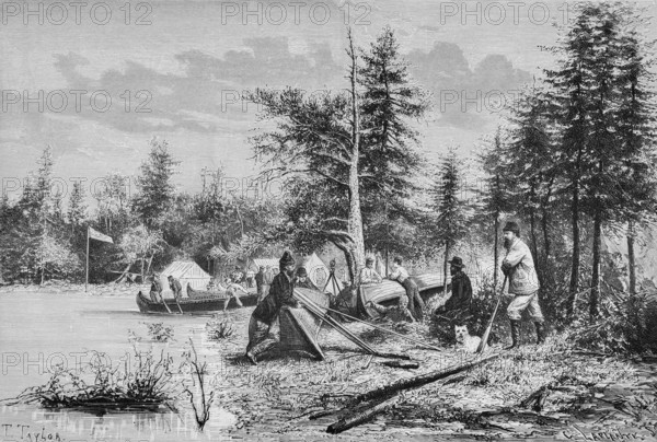 Settlers building a new settlement, lake, forest, tents, flag, landscape, boats, boat building, house building, tools, cutting wood, pioneers, settlement, settlers, immigrants, North America, historical illustration 1888