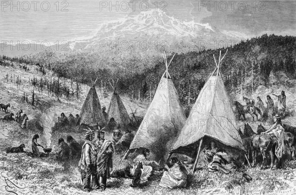 Indian camp, feather jewellery, traditional traditional costume, yurt tents, fireplace, preparing food, horses, dogs, woman, men, forest, Rocky Mountains, snow-covered peak, mountain landscape, North America, historical illustration 1888