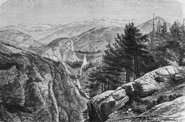 Yosemite Waterfalls in Yosemite National Park, UNESCO World Heritage Site, Sierra Navada, conifers, rocks, ecosystem, snow-capped peaks, tectonics, geology, California, mountain landscape, North America, historical illustration 1888