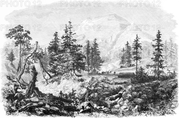 Popocatépetl volcano or Popocatepetl wild mountain landscape, conifers, houses, people, Mexico, Central America, historical illustration 1888
