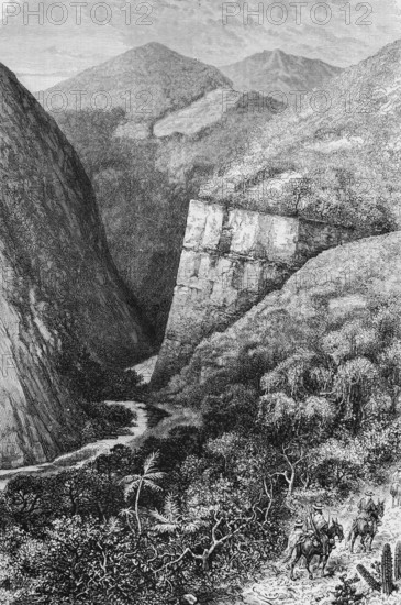 Deep valley of the Cordilleras, Sierra, mountain peak, river, rock face, cacti, palm trees, native horsemen, path, South America, historical illustration 1888