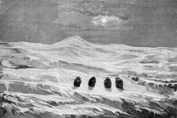 Native hikers through snow-covered mountain peaks, Andes mountains, icy cold, sun, South America, historical illustration 1888