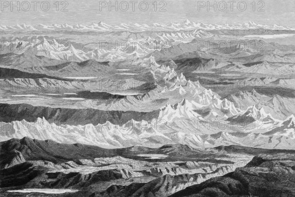 Panorama of the Cordillera, near Lake Titicaca, loneliness, emptiness, pure nature, vegetation-free, pointed peaks, deserted, South America, historical illustration 1888