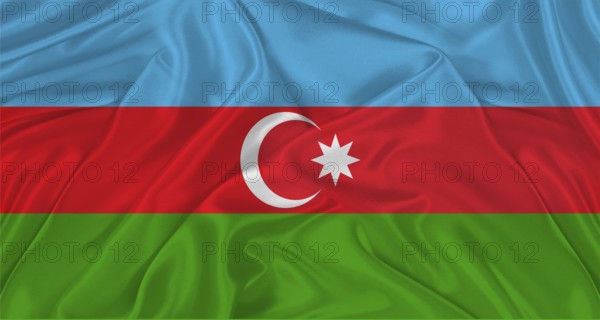 Flag of Azerbaijan with cloth texture. Close up of Azerbaijani flag waving