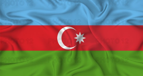 Realistic Azerbaijan flag waving. Close up of flag of Azerbaijan with cloth texture