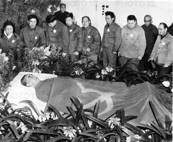 Zhou Enlai, also known as Tschu En Lai or Tschou En-lai, Prime Minister of the People's Republic of China on his deathbed, mourners and weeping people, 1976