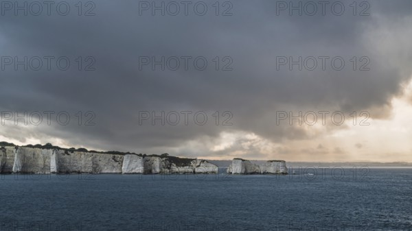 Sunset over White Cliffs of Old Harry Rocks Jurassic Coast, Dorset Coast, Poole, England, United Kingdom