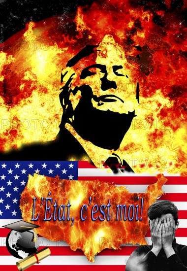 Symbolic image, Trump as the Sun King of the USA, The state is me! delusional peace president, university scare, education denier, deportation without law, bitcoin king, kleptocracy, price development, law denier, uverlose tariffs, bitcoin questionable due to extreme energy demand, stock market prices, resources, energy, industry, economy critical, stock market hype, stock market crash, payment, insolvency, wrong decisions, maximum profit, profit collapse, share prices, Germany as a business location, global economy, globalisation, environmental protection, mafia, Trump government, bitcoin rally, stock market trading