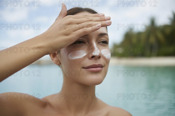 Woman applying sunscreen to her face. Soft-focus beach portrait evoking summer warmth and sun protection. Generative ai, AI generated