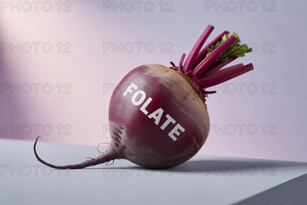 Deep-red beetroot with Folate written on its surface. Clean studio image highlighting natural nutrients and root vegetable freshness. Generative ai, AI generated