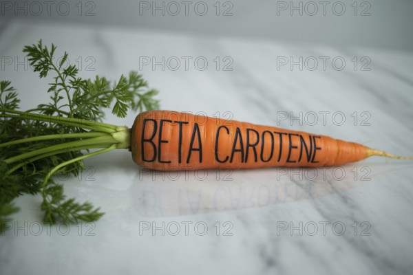 Orange carrot with beta carotene inscribed along its length. Clean studio image emphasizing nutrition and natural freshness. Generative ai, AI generated