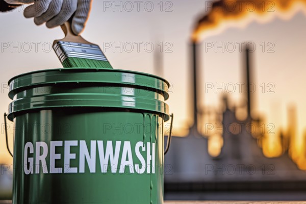 Gloved hand stirs Greenwahs paint beside a smoking factory. A stark critique of corporate pollution and eco-deception and greenwashing. Generative ai, AI generated