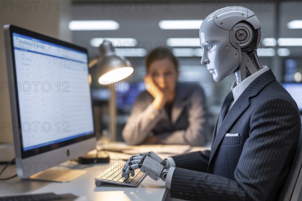 Humanoid robot in suit working on computer in office as human watches. AI replacing human labor concept Generative ai, AI generated