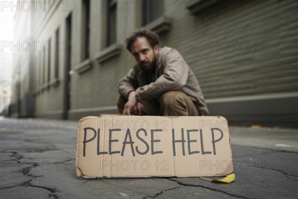Man with weathered Please help sign resting on cracked pavement. Poignant urban scene highlighting hardship and vulnerability. Generative AI, AI generated
