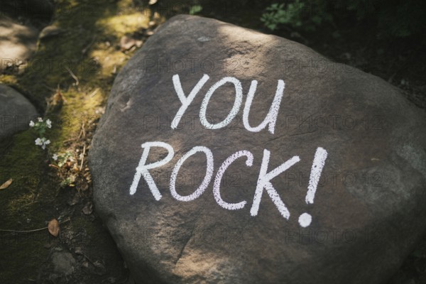Top view close-up of a rough grey rock in a forest setting, featuring You rock! handwritten in white chalk. Natural surroundings with moss and leaves create an encouraging, uplifting atmosphere Generative Ai, AI generated