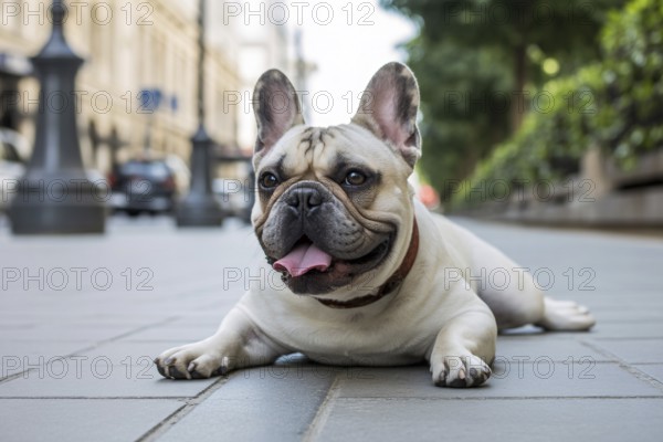 French bulldog lying on pedestrian walk, panting heavily in summer heat. Concept of overheating and heat risks for brachycephalic breeds. Generative ai, AI generated