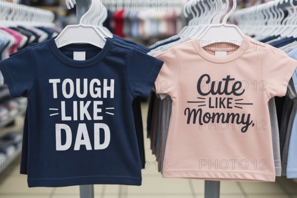 Pink and blue children's shirts with stereotypical text, concept for early gender norms and societal expectations. Generative AI, AI generated