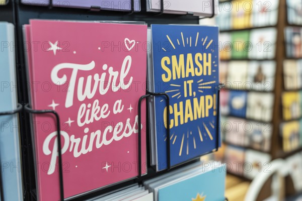 Pink and blue birthday greeting cards on a rack. Gender stereotypes and societal expectations taught from a young age through color-coded messages. Generative ai, AI generated