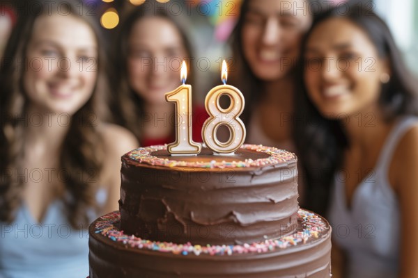 Chocolate birthday cake with golden 18 candle. Celebration scene marks the milestone of adulthood in many countries. Generative Ai, AI generated