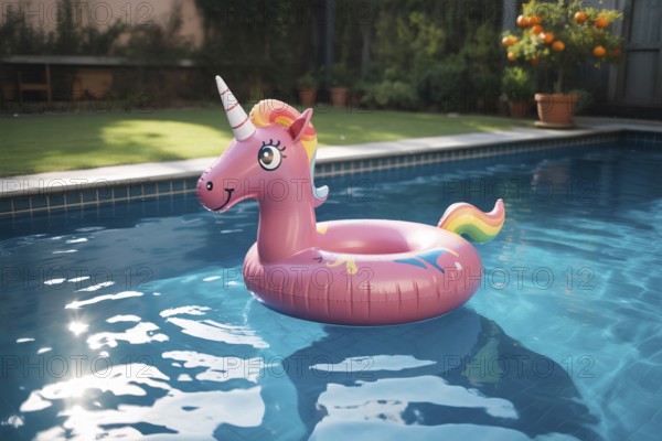 Pink unicorn pool float drifting in sunny tropical pool. Playful summer scene captures leisure, fun, and childhood nostalgia. Generative ai, AI generated
