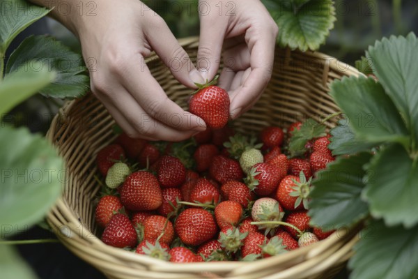 Woman's hands placing fresh strawberries into a basket. Concept for harvest, organic farming, and healthy eating. Generative ai, AI generated