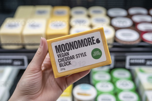 Hand holding a vegan cheddar-style cheese block in supermarket. Concept for plant-based alternatives and dairy-free shopping. Generative ai, AI generated