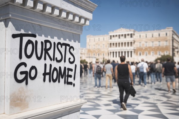 Graffiti reading Tourists go home on white wall overlooking sunny plaza crowded with tourists. Generative ai, AI generated