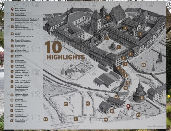 Information and overview board of the Neustift St Margarethen monastery, Vahrn, district of Bozen, South Tyrol, Italy