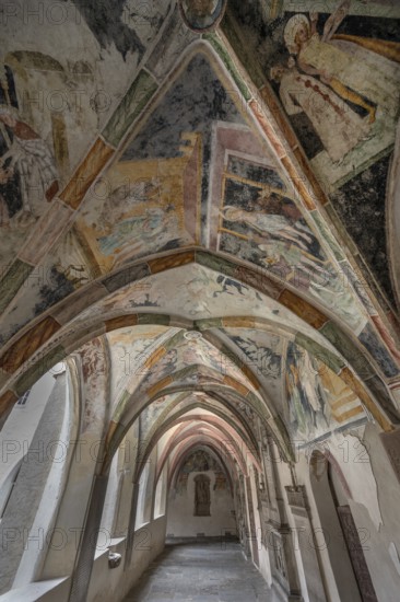 Cloister with frescoes from around 1370, collegiate basilica, Neustift St Margarethen, Vahrn, district of Bolzano, South Tyrol, Italy