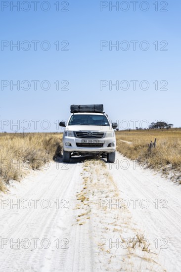 Off-road vehicle driving on a sandy track between yellow dry grass, Makgadikgadi salt pans, Botswana