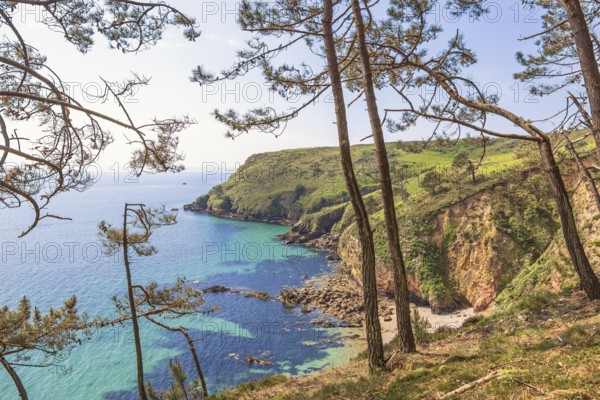 Rocky coastline with a scenics sea view from the coast with steep cliffs by the sea in the summer, Crozon Peninsula, Bretagne, France
