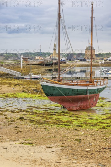 Old wooden sailboat on the shore at low tide on the coast, Camaret-sur-Mer, Crozon Peninsula, Bretagne, France