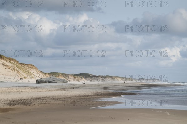 Wide beach with sand dunes and cloudy sky along the coast, near Hvide Sande, North Sea, Denmark