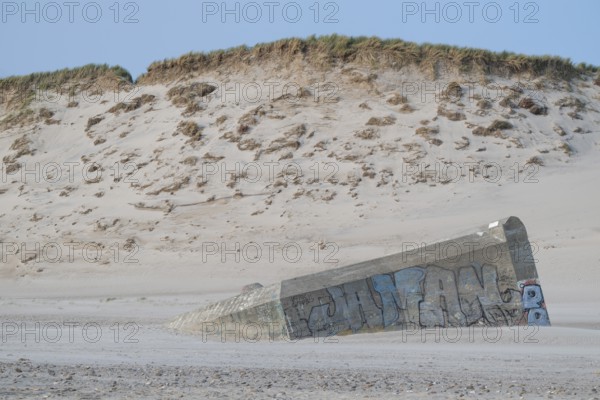 Abandoned bunker from the 2nd World War, sunken into the sand with graffiti, surrounded by sand dunes, beach near Hvide Sande, North Sea, Denmark