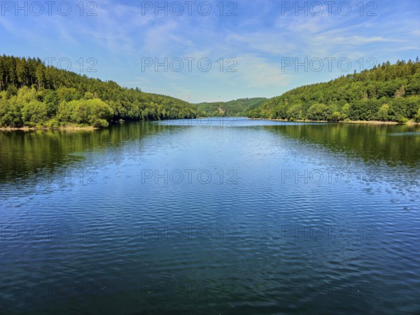 Extensive reservoir surrounded by dense forests under a clear blue sky, Oleftalsperre, Hellenthal, Eifel, North Rhine-Westphalia, Germany