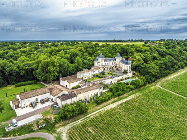 Castle of La Riviere, Vineyard Chateau de La Riviere from a drone, Bordeaux, France