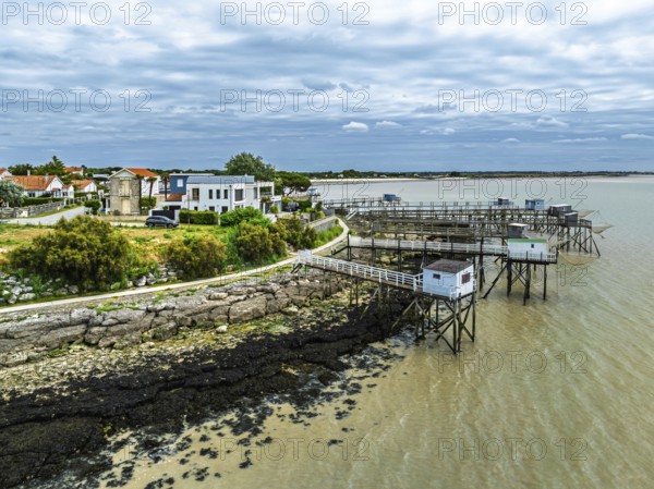 Fishing huts over Randonnee entre Histoire et Nature from a drone, Fouras, Fouras-les-Bains, Charente-Maritime, Nouvelle-Aquitaine, France