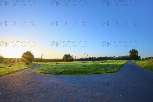 Fork of an asphalt road and a gravel path surrounded by a green meadow with wind turbines in the golden light of sunrise, summer, Rohren, Monschau, Eifel, North Rhine-Westphalia, Germany