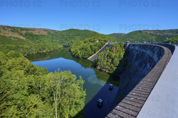 View of a large dam with river and surrounding forest landscape, summer, Urft dam wall, Obersee, Urftsee, Schleiden, Eifel National Park, Eifel, North Rhine-Westphalia, Germany