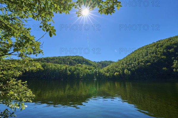 Clear lake landscape with bright sun in the blue sky, surrounded by lush green forests, summer, Rursee, Obersee, Simmerath, Eifel National Park, North Rhine-Westphalia, Germany