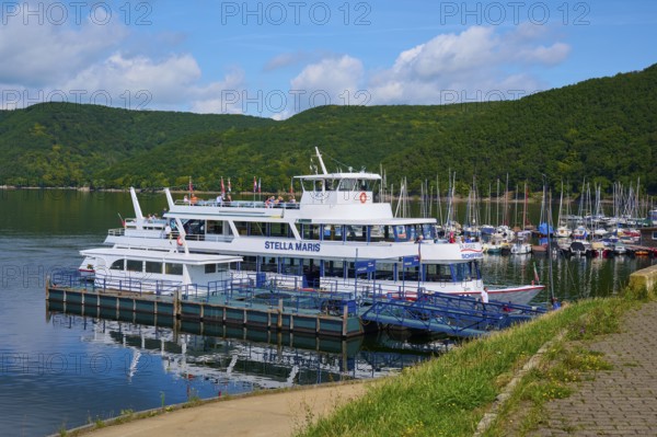 Passenger ship Stella Maris and boats in the harbour, summer, Rursee, Rurtalsperre, Heimbach, Simmerath, Eifel National Park, North Rhine-Westphalia, Germany